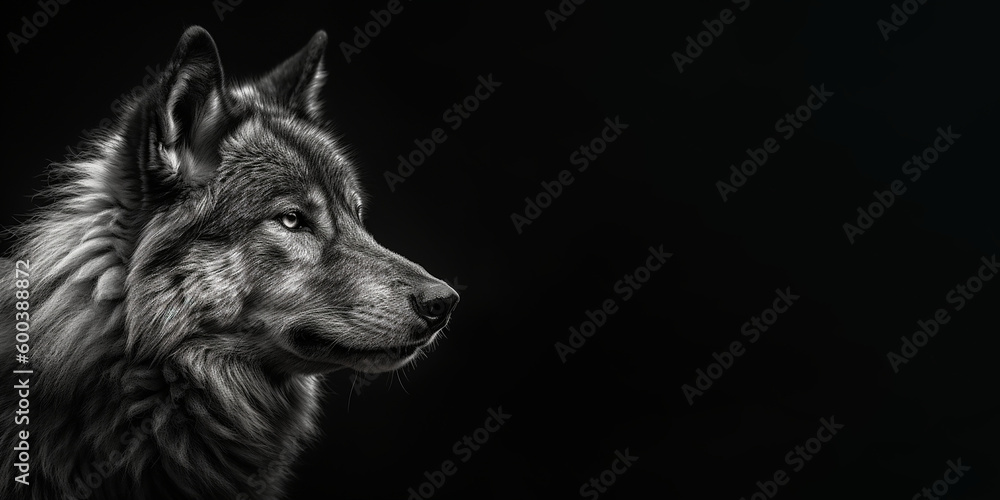 Black and white photorealistic studio portrait of a Wolf on black background. Generative AI illustration Black and white photorealistic studio portrait of a Wolf on black background. Generative AI illustration