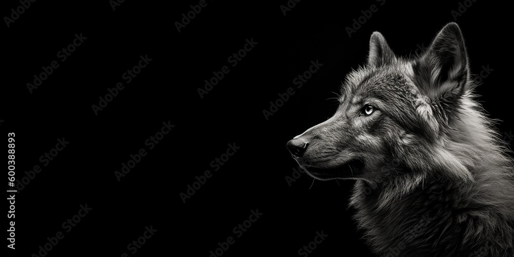 Black and white photorealistic studio portrait of a Wolf on black background. Generative AI illustration Black and white photorealistic studio portrait of a Wolf on black background. Generative AI illustration