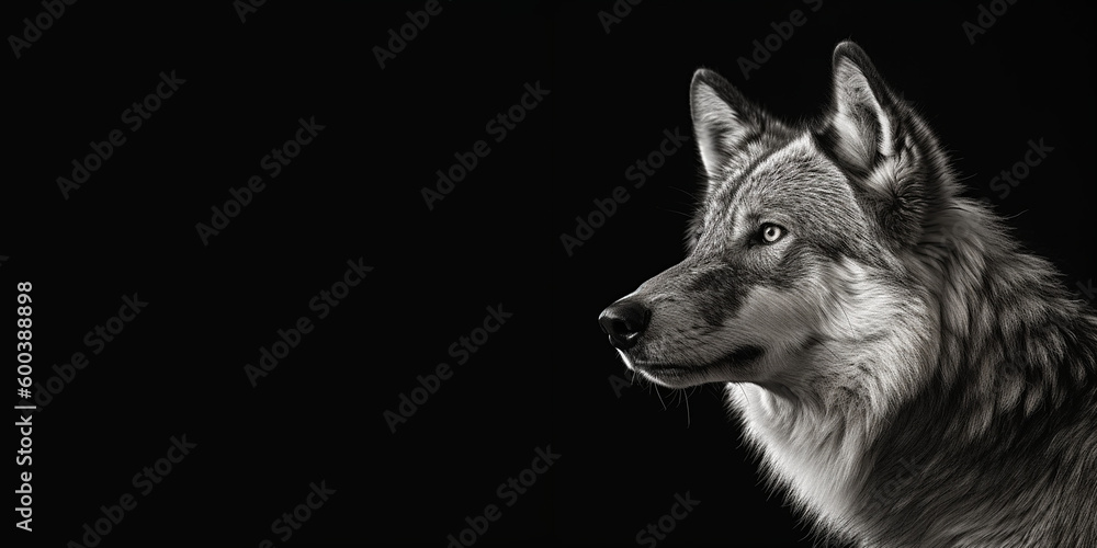 Fototapeta premium Black and white photorealistic studio portrait of a Wolf on black background. Generative AI illustration