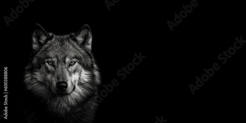 Black and white photorealistic studio portrait of a Wolf on black background