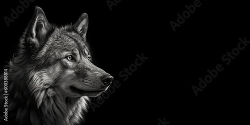 Black and white photorealistic studio portrait of a Wolf on black background. Generative AI illustration © JoelMasson