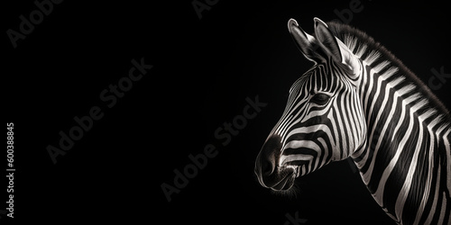 Black and white photorealistic studio portrait of a Zebra on black background. Generative AI illustration © JoelMasson