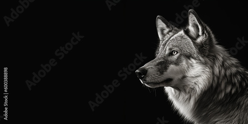 Black and white photorealistic studio portrait of a Wolf on black background. Generative AI illustration