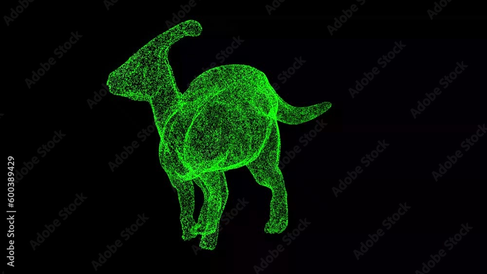 3D dinosaur Parasaurolophus rotates on black background. Object made of ...