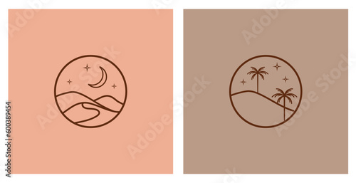 Bohemian logos, icons, symbols with landscape, sun, crescent moon, sky, star, and palms.Boho linear symbols in trendy minimal style. Modern celestial emblems. Branding design templates.