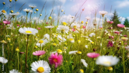 Summer Yellow Sunflowers, daisy flowers and knapweeds flowers Border surrounding on a blue Cloud sky, Highlighting the Soft and Selective Elements of Flower Border Art. Generative ai