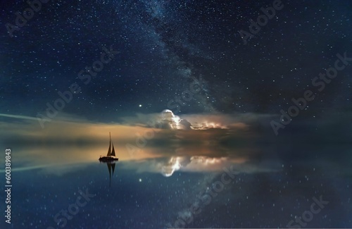 fantasy night sky ocean milky way boat sailing desktop beautiful background