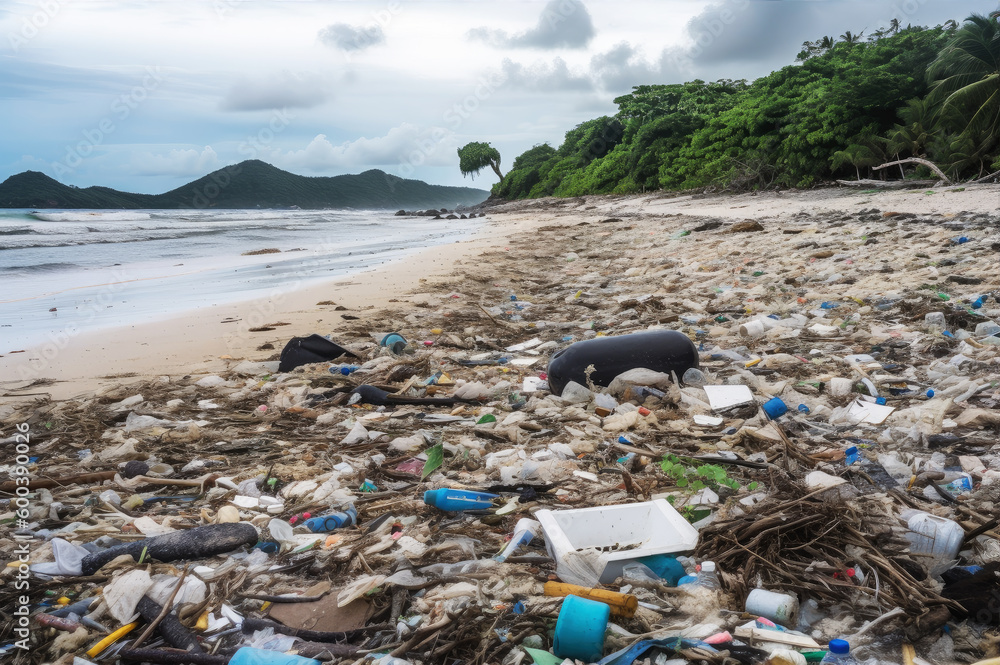 Fotografie Beach polluted with garbage, litter and plastic waste, Generative AI