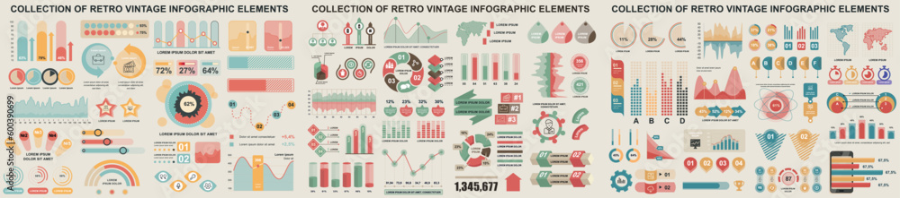 Mega set of vintage infographic elements data visualization vector design template. Can be used for steps, options, workflow, diagram, flowchart, timeline, marketing. Bundle retro info graphics.