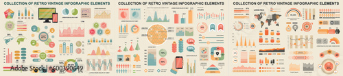 Mega set of vintage infographic elements data visualization vector design template. Can be used for steps, options, workflow, diagram, flowchart, timeline, marketing. Bundle retro info graphics. photo