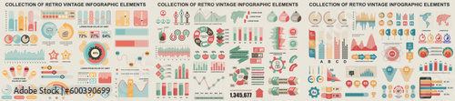 Mega set of vintage infographic elements data visualization vector design template. Can be used for steps, options, workflow, diagram, flowchart, timeline, marketing. Bundle retro info graphics.