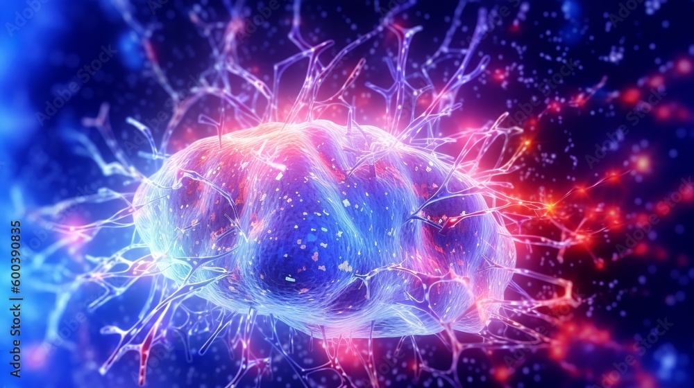 Fictitious glowing brain background with neural links network, artificial intelligence neuronal activity