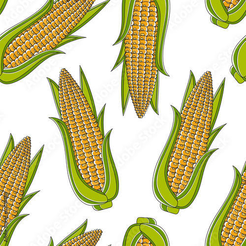 Seamless pattern with yellow corncobs and green leaves. Ripe corn vegetables. Vector illustration.