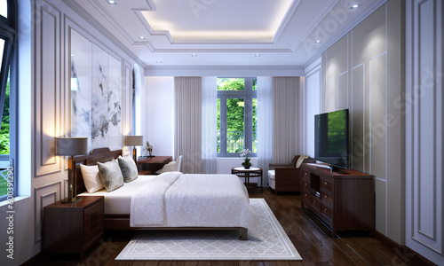 3d render bedroom interior of the stylish room with a big bed, painting, light © Uyen