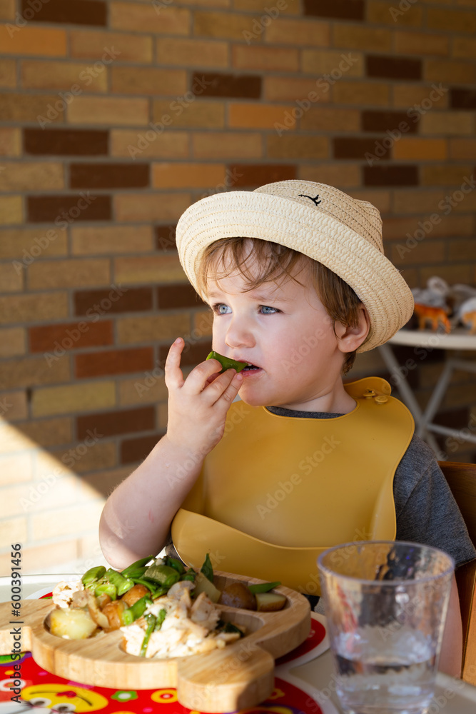 Selective focus view of fair toddler boy sitting in high chair on terrace with his dinner and tasting vegetable with unsure expression Selective focus view of fair toddler boy sitting in high chair on terrace with his dinner and tasting vegetable with unsure expression