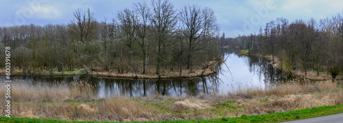 Panorama horizontal photo of a river in winter with reflections
