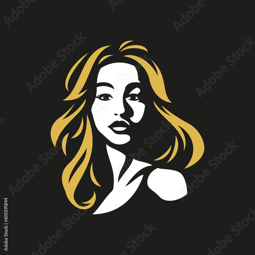 Young beautiful woman face golden waving hair silhouette logo for makeup artist vector flat