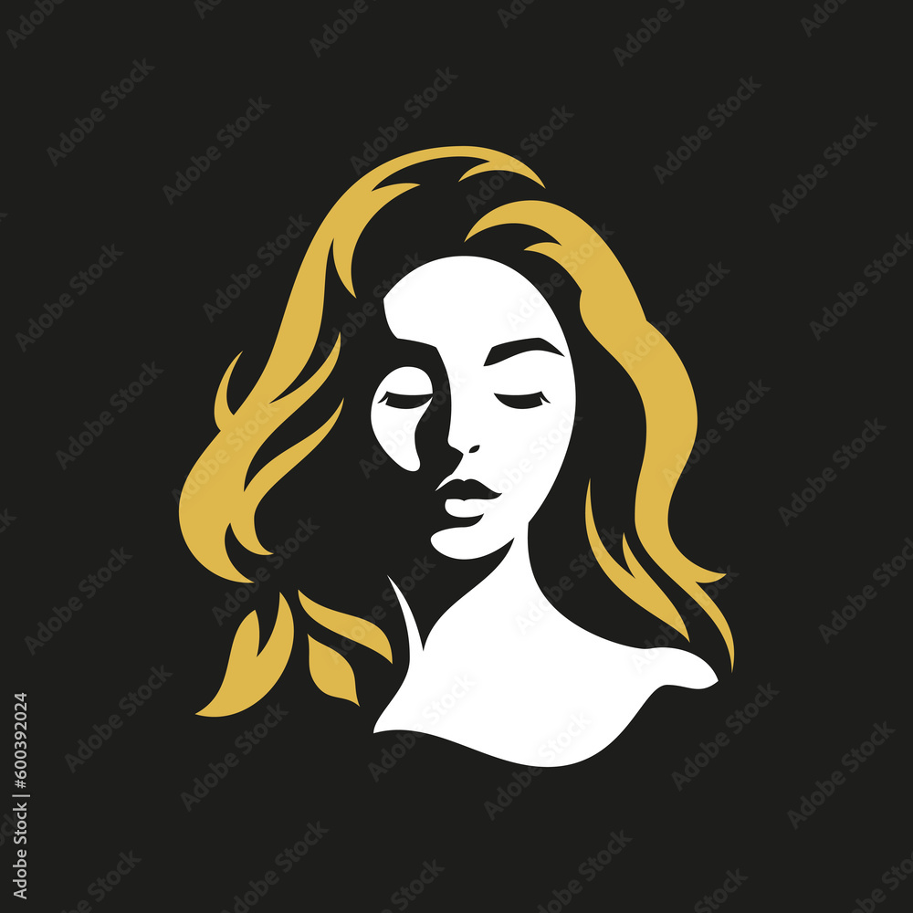 Elegant woman head with long golden hair face skin care beauty logo for cosmetologist vector flat Elegant woman head with long golden hair face skin care beauty logo for cosmetologist vector flat