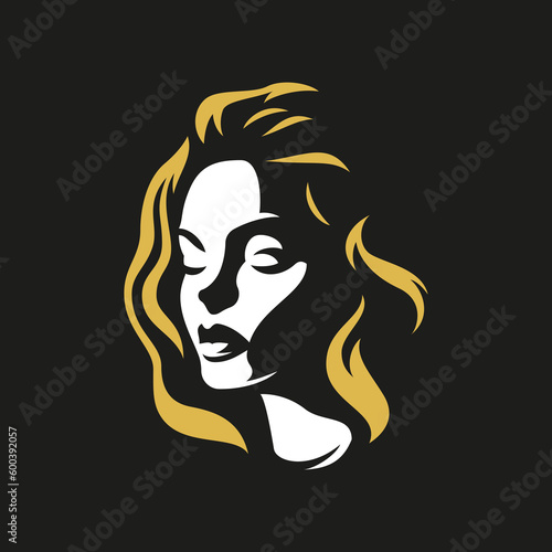 Fashion blonde woman cute face shadow abstract silhouette logo for beauty salon vector flat