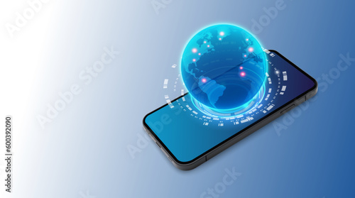 Mobile global communications. World wide web on phone via wireless satellite network technology. Smartphone digital connection at clouds services of all earth. Holographic abstract interface.