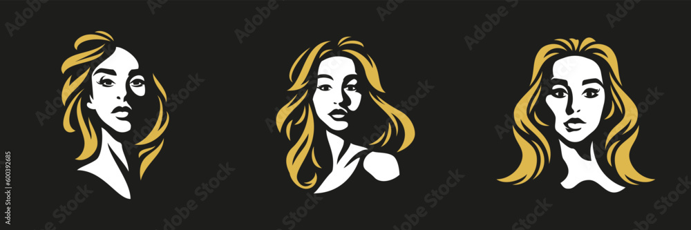 Blonde young woman abstract minimalist portrait logo for cosmetologist stylist set vector flat Blonde young woman abstract minimalist portrait logo for cosmetologist stylist set vector flat