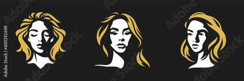 Beautiful woman long hair style shadow fashion silhouette logo for beauty salon set vector flat