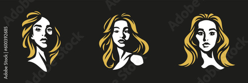 Blonde young woman abstract minimalist portrait logo for cosmetologist stylist set vector flat