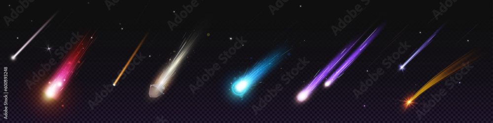 Comet and meteoroid fall speed trail galaxy vector set. 3d meteor shower with flame in sky effect with star. Isolated flying astronomy object tail at night illustration. Fast shooting cosmic dust - obrazy, fototapety, plakaty 