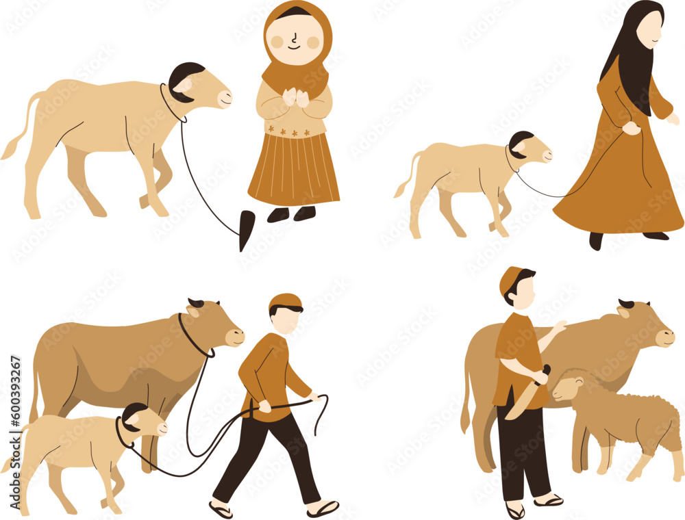 Vector illustration of a set of Muslim people with Cow, Goat . Eid Al Adha