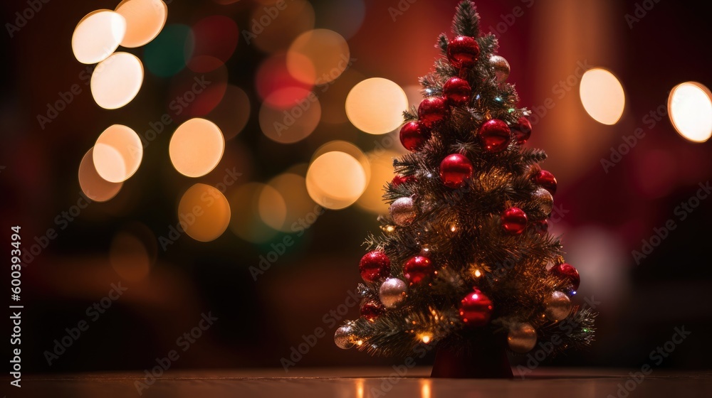 Red. Close up of christmas balls andchristmas tree. Bokeh garlands on blurred background. Christmas tree and Christmas decorations. Generative ai