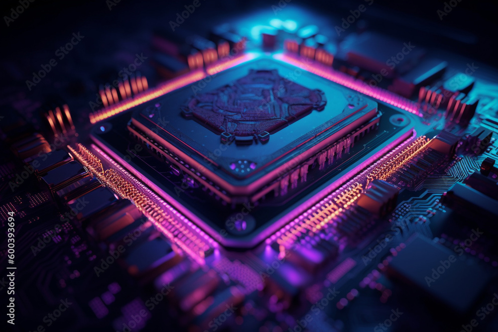 Highly advanced microchip processor with a series of blue and purple lights illuminating its intricate circuitry. Ai generated Highly advanced microchip processor with a series of blue and purple lights illuminating its intricate circuitry. Ai generated