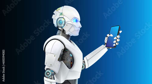 Fototapeta Naklejka Na Ścianę i Meble -  Cyborg AI with smartphone detailed vector. Machine learning AI with smartphone. Artificial intelligence analysis information.