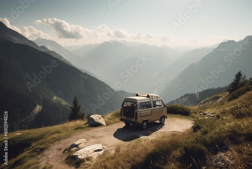 A Campervan Adventure in Mountain Scenery. Campervan journeying through the majestic mountains, with breathtaking natural scenery. Ai generated © twindesigner