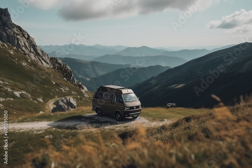 A Campervan Adventure in Mountain Scenery. Campervan journeying through the majestic mountains, with breathtaking natural scenery. Ai generated
