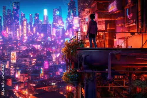 Wallpaper Mural Cyberpunk Girl overlooking a neon futuristic city, Anime, Character Design, Concept Art, Beautiful Girl, Generative AI Torontodigital.ca