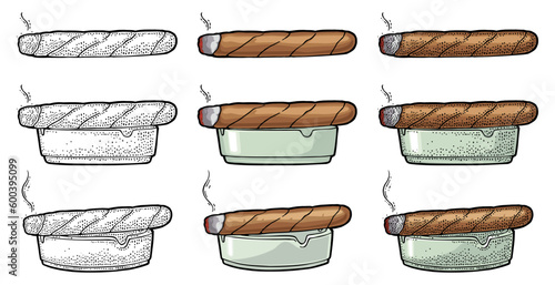 Cigar and ashtray. Vector vintage engraving color illustration