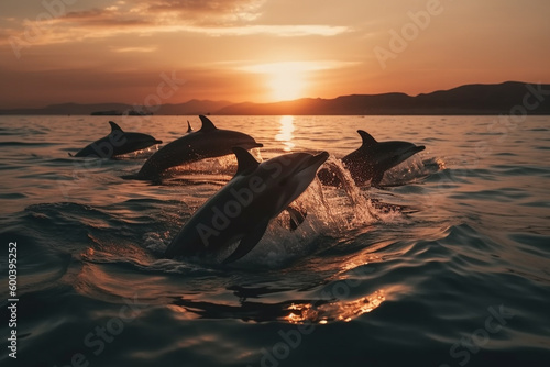 Leap of Freedom: Dolphins Jumping out of the Ocean at Sunset. Ai generated