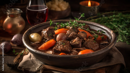 Beef Bourguignon - French stew with beef, red wine, and vegetables. Generative AI Art Illustration