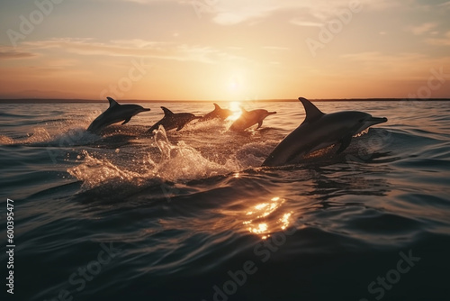 Leap of Freedom: Dolphins Jumping out of the Ocean at Sunset. Ai generated