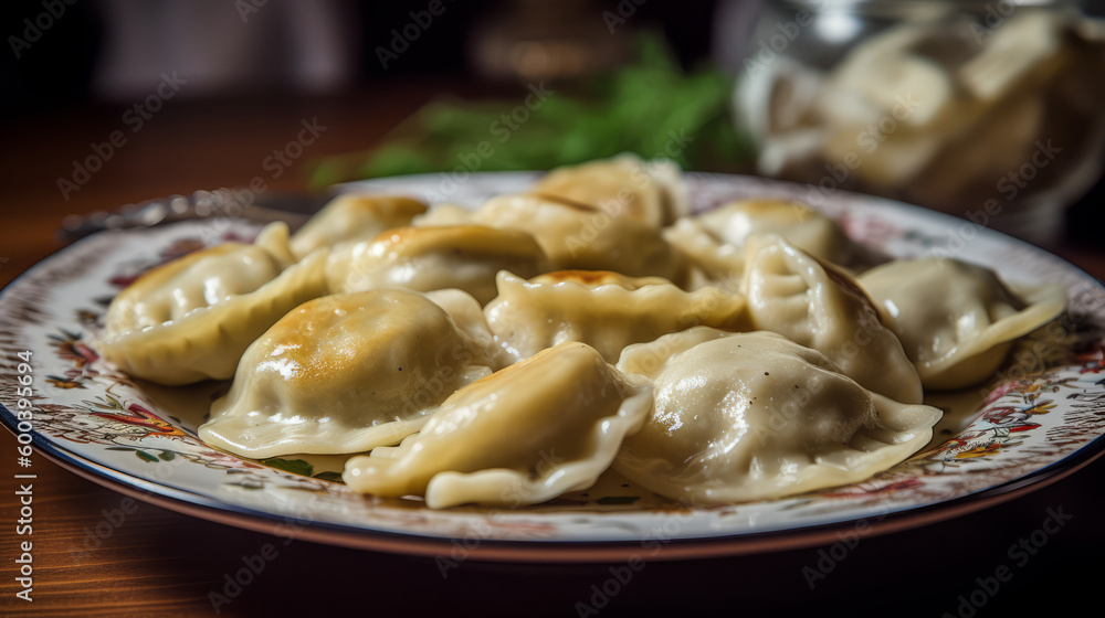 Pierogi - Polish dumplings filled with potatoes, cheese, or meat. Generative AI Art Illustration Pierogi - Polish dumplings filled with potatoes, cheese, or meat. Generative AI Art Illustration