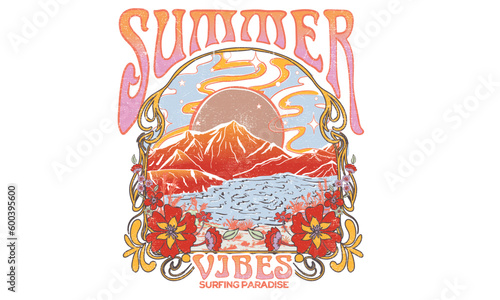 Summer vibes,  beach hand sketch graphic print with tropical flower design for t shirt print, poster, sticker, background and other uses. Summer print artwork. 