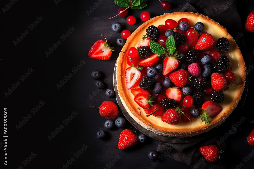cheesecake is a dessert that is an open pie or even a cake decorated with fresh berries closeup on the plate. Horizontal top view. Generative AI cheesecake is a dessert that is an open pie or even a cake decorated with fresh berries closeup on the plate. Horizontal top view. Generative AI
