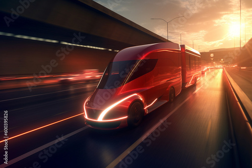 A Futuristic Electric Truck on the Highway at Sunset, embodying the promise of sustainable transportation. Ai generated