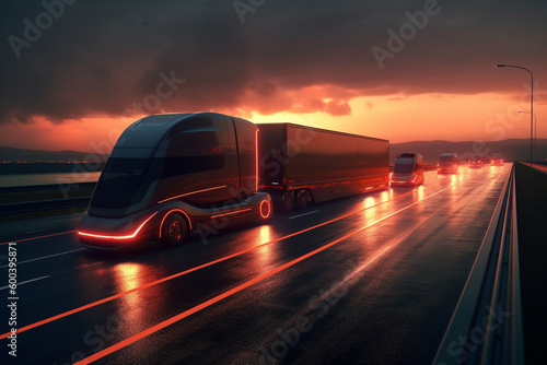 A Futuristic Electric Truck on the Highway at Sunset, embodying the promise of sustainable transportation. Ai generated