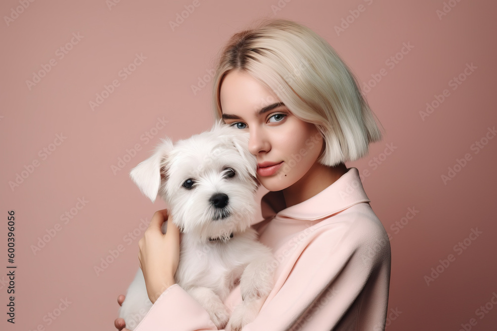 young attractive woman hugging dog in hands, color trendy background. Generative AI young attractive woman hugging dog in hands, color trendy background. Generative AI