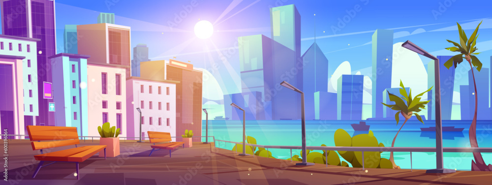 Empty tropical urban embankment, city skyline. Park bench on street near river and downtown building vector landscape. Resort on seaside in town with sun beam light in sky cartoon summer background
