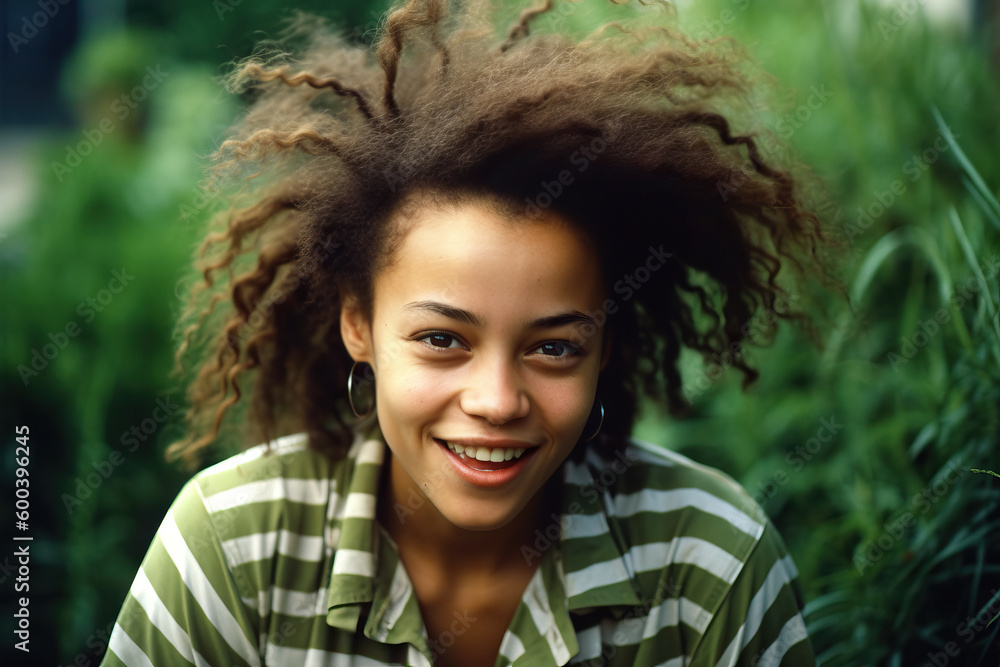 friendly mixed race playful girl gardener fooling around shaking head with floating hair. Generative ai friendly mixed race playful girl gardener fooling around shaking head with floating hair. Generative ai