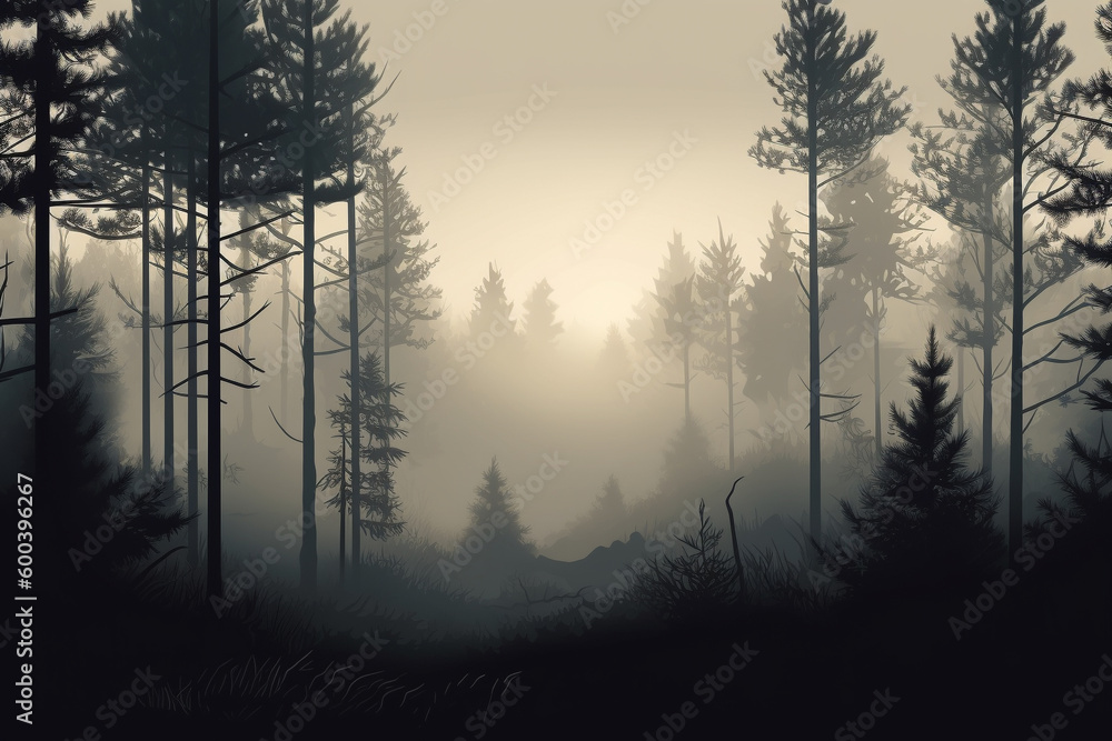 Pine Foggy Forest with a Mysterious Vibe. Misty forest of pine trees enveloped in fog, evoking a sense of mystery and intrigue. Ai generated Pine Foggy Forest with a Mysterious Vibe. Misty forest of pine trees enveloped in fog, evoking a sense of mystery and intrigue. Ai generated