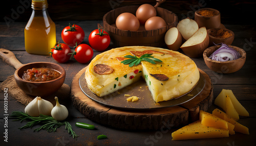 Tortilla de patatas con sus ingredientes recien hecha y casera en una imagen cenital.