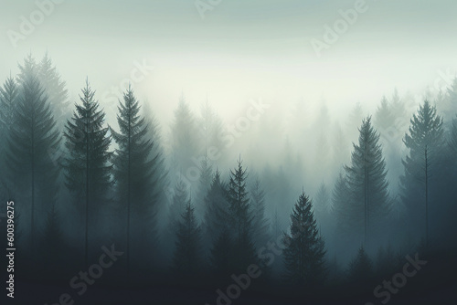 Pine Foggy Forest with a Mysterious Vibe. Misty forest of pine trees enveloped in fog  evoking a sense of mystery and intrigue. Ai generated